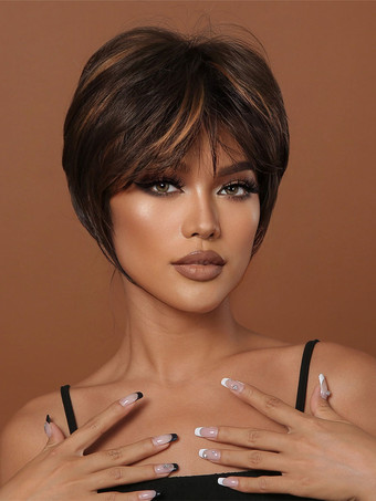 合成かつらディープブラウンストレートレーヨンハイライトヘアショート女性のショートウィッグ女性のための