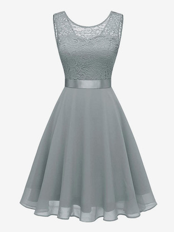 ライトグレー レトログラマードレス 1950年代 オードリー ヘップバーン スタイル ジュエルネック リボン レイヤード ノースリーブ ミディアム ピンク ロカビリードレス