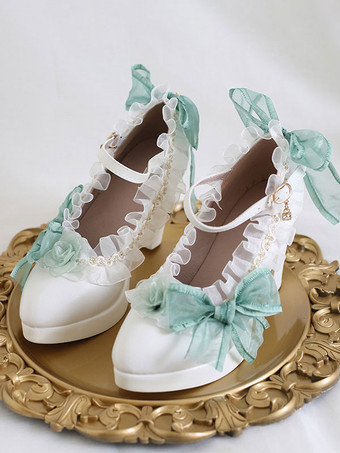 グリーン ゴシックロリータ靴白い花弓フリルラウンドトゥPUレザーロリータパンプス