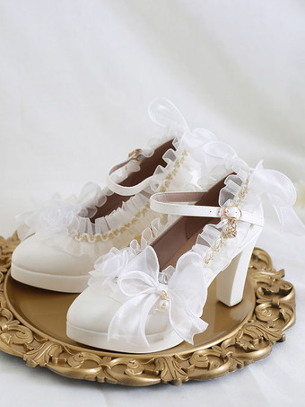 ホワイト ゴシックロリータ靴白い花弓フリルラウンドトゥPUレザーロリータパンプス