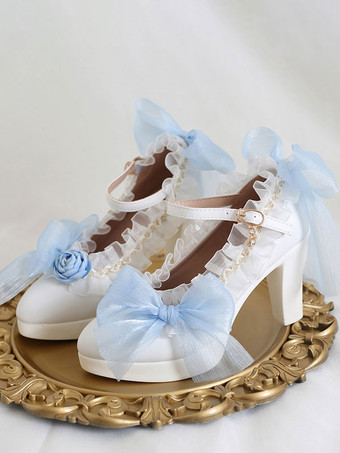 ライトスカイブルーゴシックロリータ靴白い花弓フリルラウンドトゥPUレザーロリータパンプス