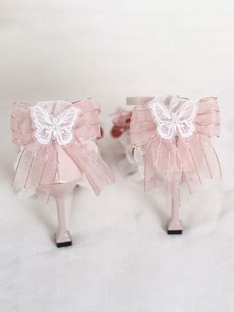 甘いロリータ サンダル弓フリル ラインストーン尖ったつま先の弓弾性生地ピンク ロリータ サマー シューズ