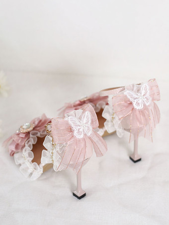 甘いロリータ サンダル弓フリル ラインストーン尖ったつま先の弓弾性生地ピンク ロリータ サマー シューズ