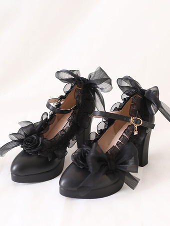 Gothic-Lolita-Schuhe  weiße Blumen  Schleifen  Rüschen  runde Zehenpartie  PU-Leder  Lolita-Pumps