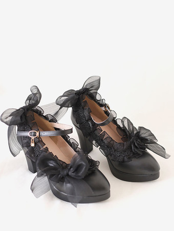 ゴシックロリータ靴白い花弓フリルラウンドトゥPUレザーロリータパンプス