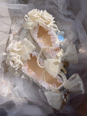 甘いロリータ サンダル フリル 真珠 花 スクエアトゥ 弾性生地 エクリュ ホワイト ロリータ 夏靴