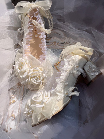 甘いロリータ サンダル フリル 真珠 花 スクエアトゥ 弾性生地 エクリュ ホワイト ロリータ 夏靴