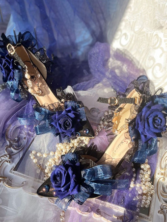 ロリータウェディングドレスロリータサンダル弓花真珠ポインテッドトゥ弾性生地ディープブルーロリータ夏の靴