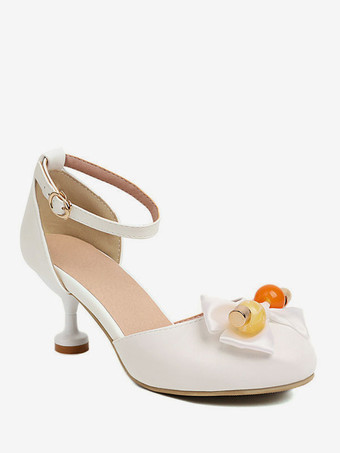 甘いロリータ サンダル弓ラウンド トゥ PU レザー生成り白ロリータ サマー シューズ