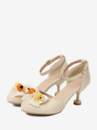 アイボリー 甘いロリータ サンダル弓ラウンド トゥ PU レザー生成り白ロリータ サマー シューズ