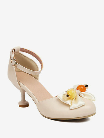 甘いロリータ サンダル弓ラウンド トゥ PU レザー生成り白ロリータ サマー シューズ