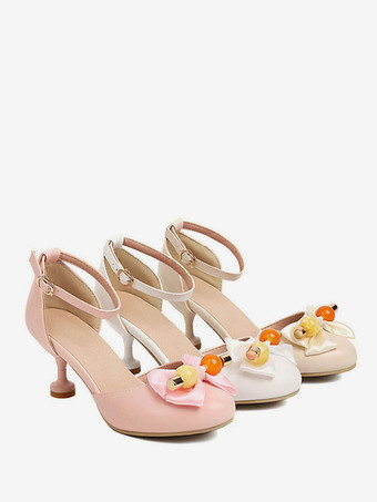 甘いロリータ サンダル弓ラウンド トゥ PU レザー生成り白ロリータ サマー シューズ