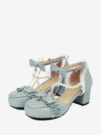 ロココスタイルロリータサンダルライトスカイブルーパールフリルPUレザーラウンドトゥロリータサマーシューズ