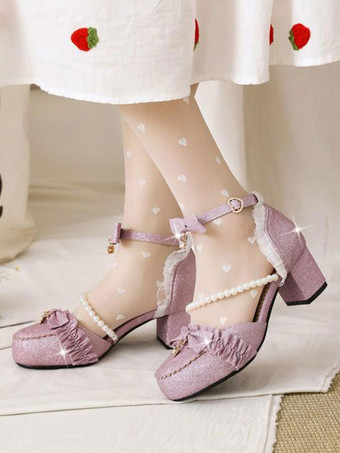 ロココスタイルロリータサンダルライトスカイブルーパールフリルPUレザーラウンドトゥロリータサマーシューズ