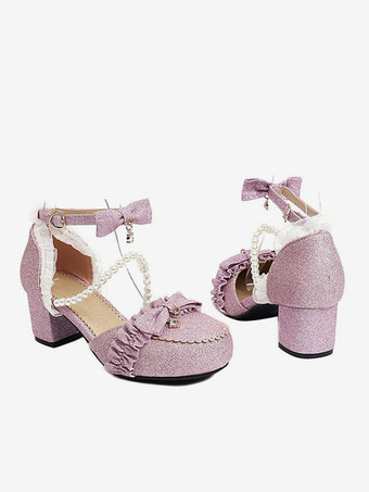 ロココスタイルロリータサンダルライトスカイブルーパールフリルPUレザーラウンドトゥロリータサマーシューズ