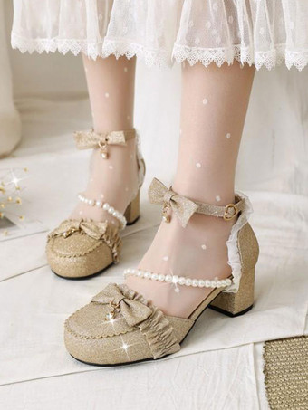 ゴールド ロココスタイルロリータサンダルライトスカイブルーパールフリルPUレザーラウンドトゥロリータサマーシューズ