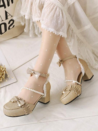ロココスタイルロリータサンダルライトスカイブルーパールフリルPUレザーラウンドトゥロリータサマーシューズ