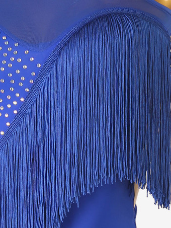 ラテンダンス衣装ロイヤルブルー女性のライクラスパンデックスドレス背中の開いたエレガントなラインストーンフリンジダンスウェア