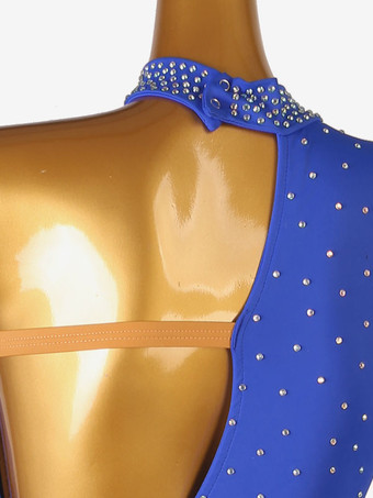 ラテンダンス衣装ロイヤルブルー女性のライクラスパンデックスドレス背中の開いたエレガントなラインストーンフリンジダンスウェア