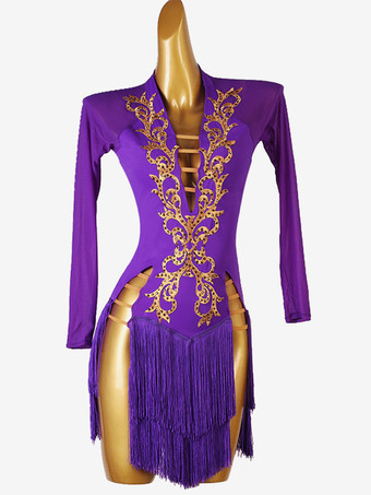 パープル ラテンダンス衣装バーガンディ女性のセクシーなライクラスパンデックスドレスダンス衣装