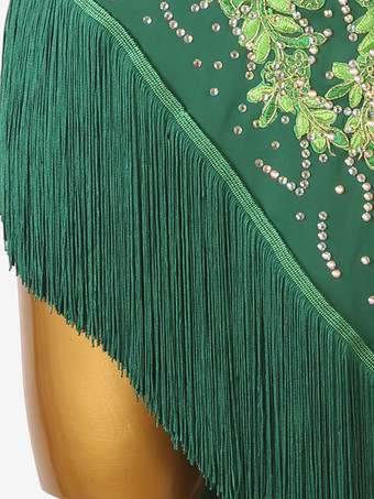 ラテンダンスドレス ダークグリーン 女性用 ラインストーン フリンジ バックレス セクシー ライクラスパンデックス ドレス ダンス衣装