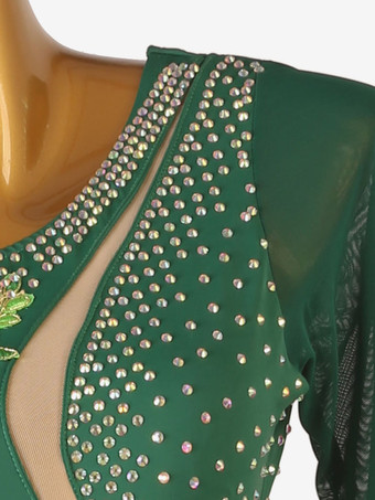 ラテンダンスドレス ダークグリーン 女性用 ラインストーン フリンジ バックレス セクシー ライクラスパンデックス ドレス ダンス衣装