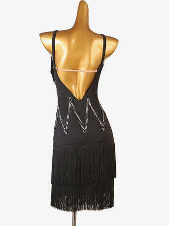 ラテンダンス衣装黒女性のラインストーンフリンジ背中の開いたセクシーなライクラスパンデックスドレスダンス衣装