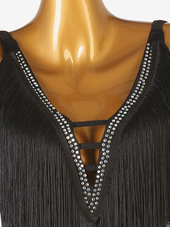 ラテンダンス衣装黒女性のラインストーンフリンジ背中の開いたセクシーなライクラスパンデックスドレスダンス衣装