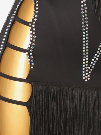 ラテンダンス衣装黒女性のラインストーンフリンジ背中の開いたセクシーなライクラスパンデックスドレスダンス衣装