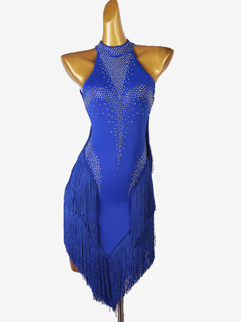 ロイヤルブルーラテンダンス衣装ロイヤルブルー女性のライクラスパンデックスドレス背中の開いたセクシーなラインストーンダンス衣装