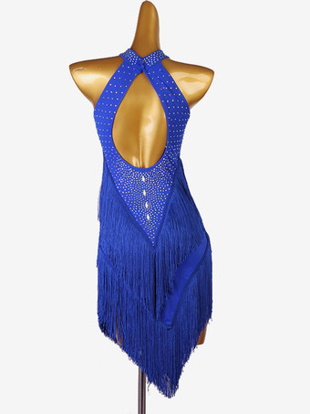 ラテンダンス衣装ロイヤルブルー女性のライクラスパンデックスドレス背中の開いたセクシーなラインストーンダンス衣装