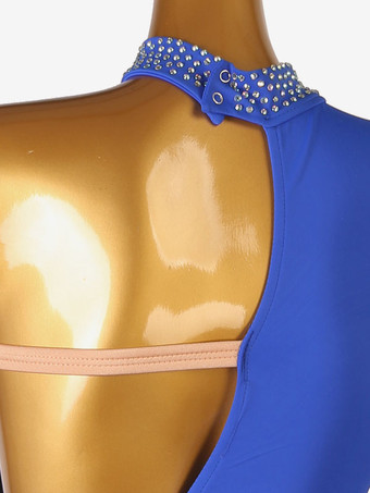 ラテンダンス衣装ロイヤルブルー女性のライクラスパンデックスドレス背中の開いたエレガントなラインストーンダンス衣装