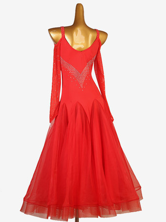 社交ダンス衣装トゥレレッド女性のエレガントなライクラスパンデックス刺繍ラインストーンドレスダンスドレス