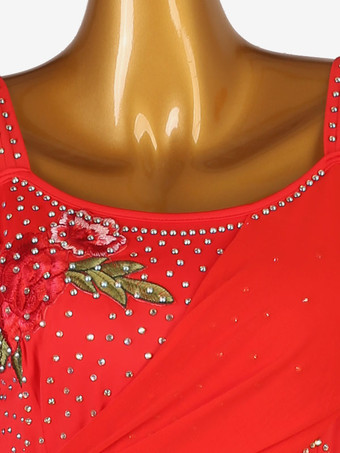 社交ダンス衣装トゥレレッド女性のエレガントなライクラスパンデックス刺繍ラインストーンドレスダンスドレス