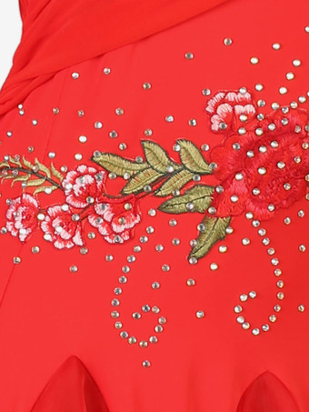 社交ダンス衣装トゥレレッド女性のエレガントなライクラスパンデックス刺繍ラインストーンドレスダンスドレス