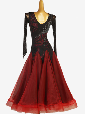 社交ダンス衣装黒赤女性のエレガントなライクラスパンデックスドレスラインストーンダンスドレス