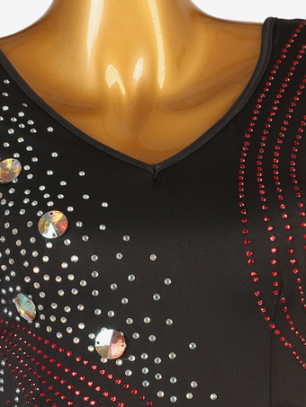 社交ダンス衣装黒赤女性のエレガントなライクラスパンデックスドレスラインストーンダンスドレス