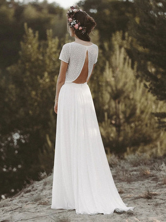 アイボリー ツーピース ウェディングドレス レース ジュエルネック Aライン マキシレングス ウェディングドレス 半袖 無料カスタマイズ