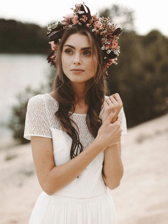 アイボリー ツーピース ウェディングドレス レース ジュエルネック Aライン マキシレングス ウェディングドレス 半袖 無料カスタマイズ