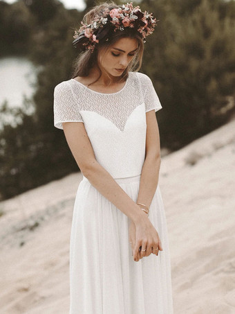 アイボリー ツーピース ウェディングドレス レース ジュエルネック Aライン マキシレングス ウェディングドレス 半袖 無料カスタマイズ