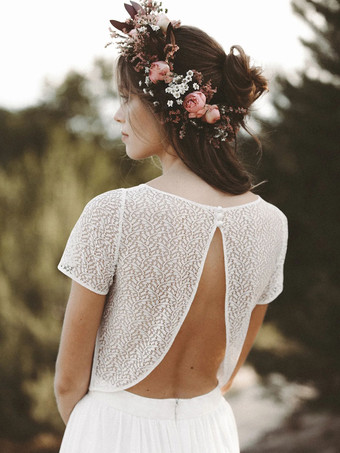 アイボリー ツーピース ウェディングドレス レース ジュエルネック Aライン マキシレングス ウェディングドレス 半袖 無料カスタマイズ