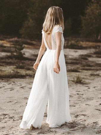 アイボリーブライダルジャンプスーツ シフォンレース フロアレングス Aライン ジュエルネック 半袖 ブライダルジャンプスーツ 無料カスタマイズ