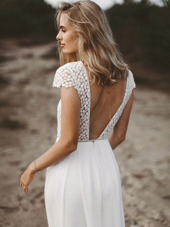 アイボリーブライダルジャンプスーツ シフォンレース フロアレングス Aライン ジュエルネック 半袖 ブライダルジャンプスーツ 無料カスタマイズ