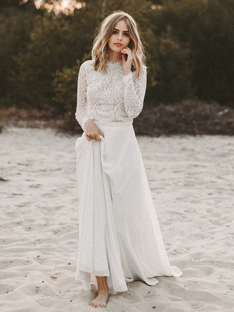 アイボリー ツーピース ドレス レース ジュエルネック Aライン マキシレングス バックレス 長袖 無料カスタマイズ