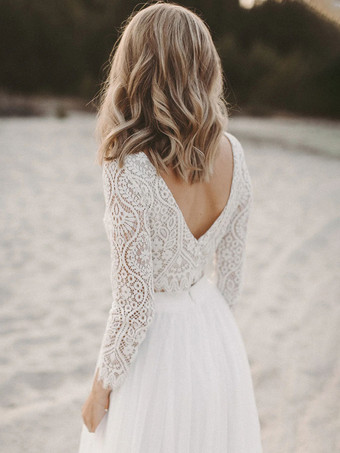 アイボリー ツーピース ウェディングドレス レース Vネック Aライン フロアレングス バックレス ロングスリーブ 無料カスタマイズ