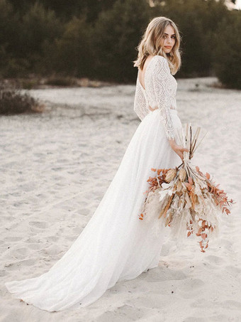 アイボリー ツーピース ウェディングドレス レース Vネック Aライン フロアレングス バックレス ロングスリーブ 無料カスタマイズ