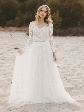 アイボリー ツーピース ウェディングドレス レース Vネック Aライン フロアレングス バックレス ロングスリーブ 無料カスタマイズ