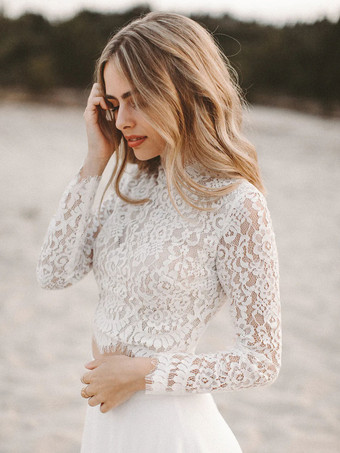 アイボリー ツーピース ドレス レース ジュエルネック Aライン マキシレングス バックレス 長袖 無料カスタマイズ