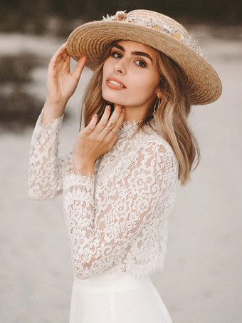 アイボリー ツーピース ドレス レース ジュエルネック Aライン マキシレングス バックレス 長袖 無料カスタマイズ