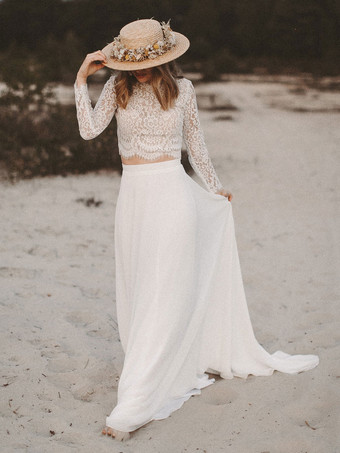 アイボリー ツーピース ドレス レース ジュエルネック Aライン マキシレングス バックレス 長袖 無料カスタマイズ